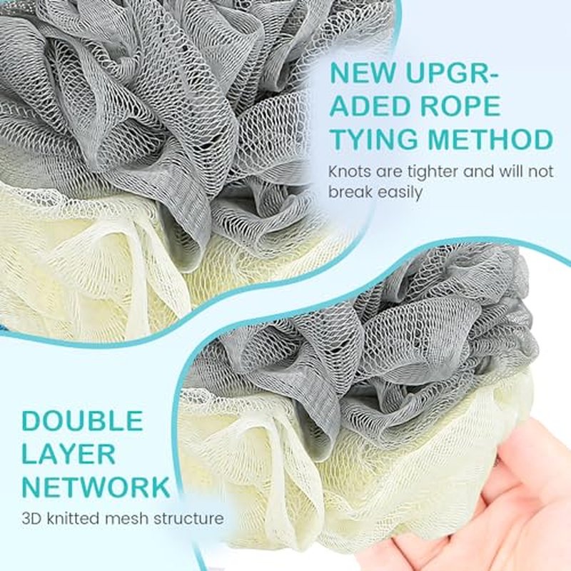 DadyMart Bath Shower Loofah Sponge 75g Bath Mesh Pouf Shower Ball Body Scrubber Exfoliating Bath Sponge for Women and Men, Set of 4,Blue & White