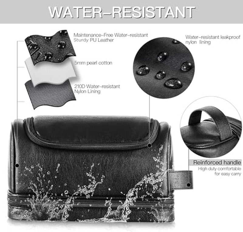 Elviros Toiletry Bag, Mens Leather Travel Organizer Kit with hanging hook, Large Water-resistant Toiletries Bathroom Shaving Bags for Women (Black)