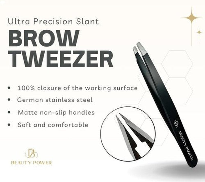 Beauty Power Professional Tweezers - Slant, Durable Lightweight German Stainless Steel, Ultra Precision Tweezers for Eyebrows, Facial Hair, Chin, and Ingrown Hair Removal (Matte Black)