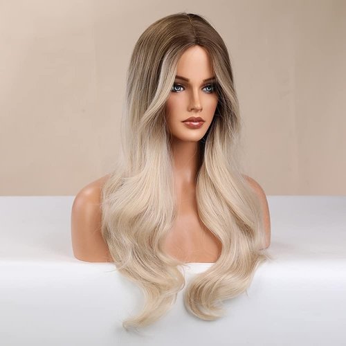 BERON Blonde Ombre Wigs Long Wavy Wig for Women Middle Part Ombre Color Curly Heat Resistant Synthetic Hair Wigs for Daily Used with Wig Cap