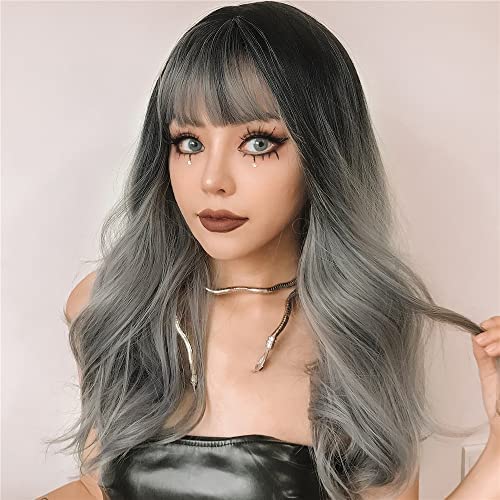 ISHINE Long Wavy Grey Wigs, Omber Gray Curly Wigs for Women, Natural Looking Synthetic Wig with Bangs, Hair Replacement Wigs for Daily Cosplay Party Halloween Costume 24 inch