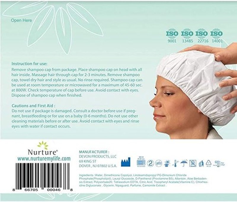 No Water Rinse Free Shampoo Cap by Nurture | Microwavable Washing & Conditioning Shower Caps to Wash Hair w/o Bath | Waterless Bathing | Disposable & Hypoallergenic for Adults, Bedridden & Elderly