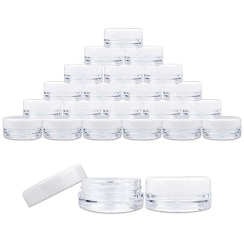 Beauticom 3g/3ml (0.1 Fl Oz) Round Clear Plastic Jars with Round Top Lids for Creams, Lotions, Make Up, Powders, Glitters, and more... (Color: White Lid Quantity: 50 Pieces)