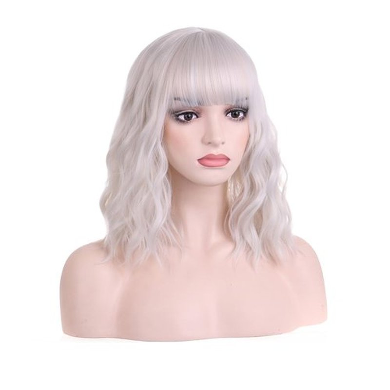 DUDUWIG Short Curly Silver White Wig with Bangs Synthetic Cosplay Hair Wig