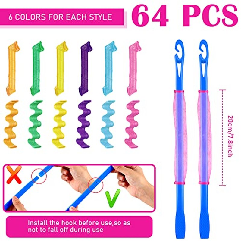 Yilloog 60-Piece Spiral Curlers Styling Kit - 2 Styles No-Heat Silicone Wave Curlers with Hooks and Bags for Long, Medium, and Short Hair (7.8 Inch)
