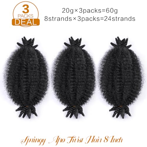 Marley Twist Braiding Hair 3 packs, Springy Afro Twist Hair Natural Black Mini Twist Hair Kinky Twist Hair Braids for Distressed Soft Locs Spring Twist Hair for Black Women (8 Inch,3Pack,1B)