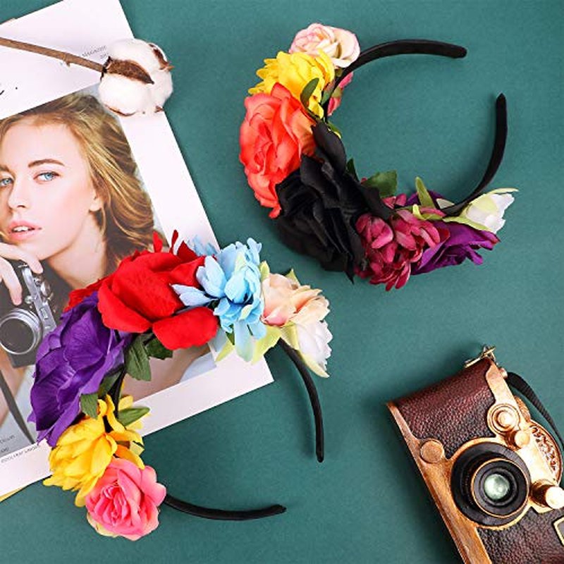 WILLBOND 3 Pcs Mexican Rose Flower Crown Headband Day of The Dead Headband Halloween Cosplay Headpiece(Fresh Colors)