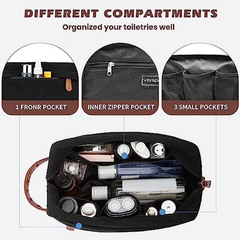 Vorspack Large Toiletry Bag Hanging Dopp Kit for Men Water Resistant Canvas Shaving Bag with Large Capacity for Travel- Black