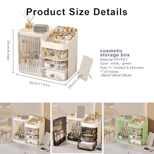 DASITON Makeup Organizer for Vanity,Large Capacity Makeup Storage Organizer with 3-Layer Drawers and Mirror,Cosmetics Display Case Make up Organizers for Vanity,Bedroom,Countertop(Clear-Cream)