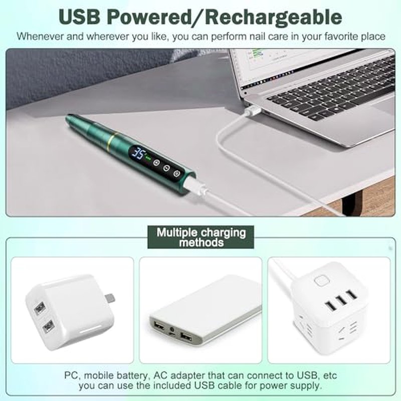 Nail Filer Electric,Cordless Electric Nail Drill Machine, with 11 Nail Drill Bits, USB Portable Efile for Acrylic Gel Nails Rechargeable Manicure Pedicure Polishing (Premium Green)