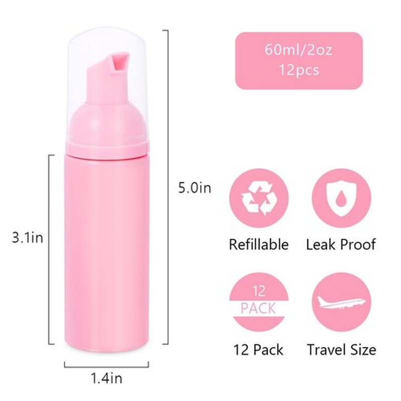 ASEVAT 12 Pcs Travel Empty Foam Pump Bottle, 2 oz Plastic Pump Bottle,Empty Foaming Liquid Soap Dispensers for Lash Shampoo, Hand Soap, Foaming Cleaner (Pink)
