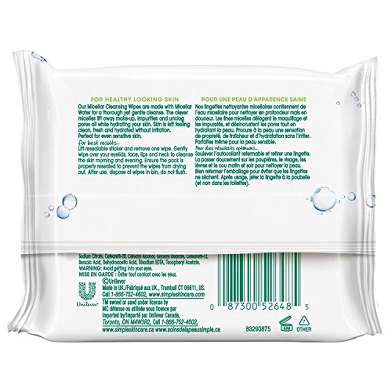 Simple Kind to Skin Cleansing Wipes Micellar 4 Count Gentle and Effective Makeup Remover Free From Color and Dye, Artificial Perfume and Harsh Chemicals 25 Wipes