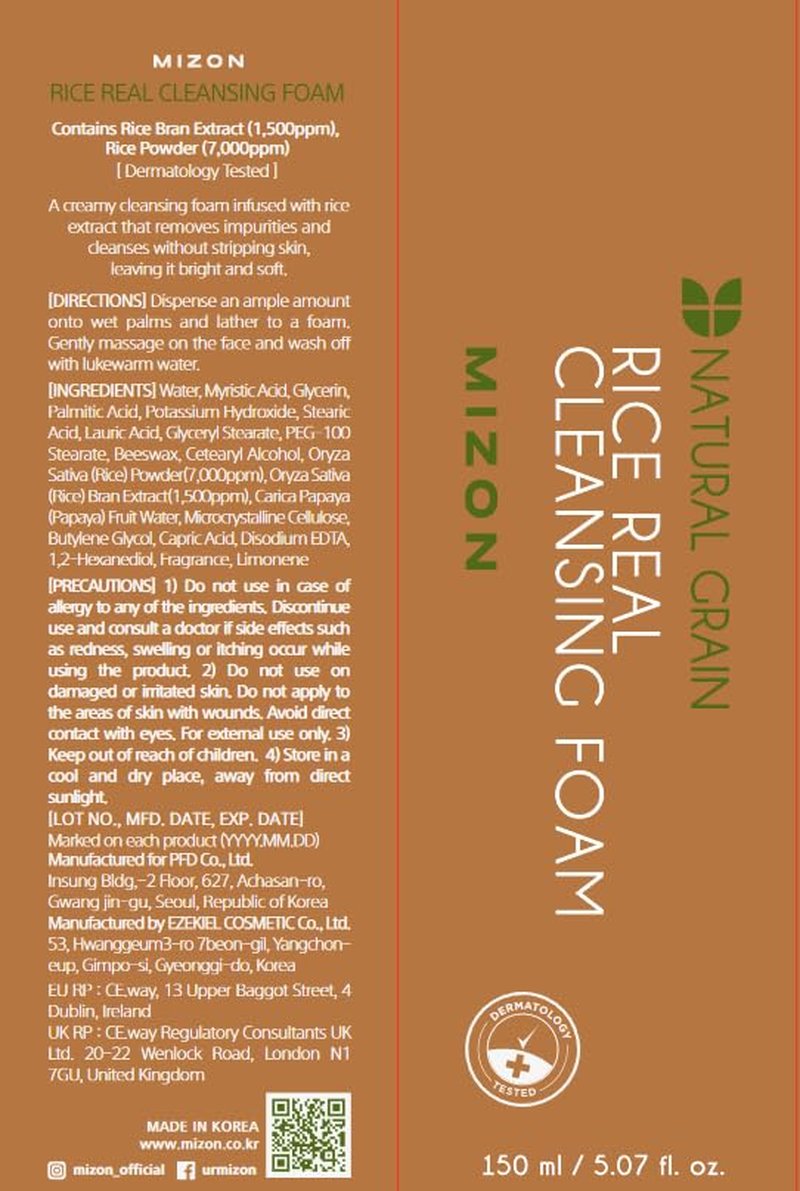 MIZON Rice Real Cleansing Foam - Hydrating, Soothing Korean Skincare | 150ml (Pack of 2)