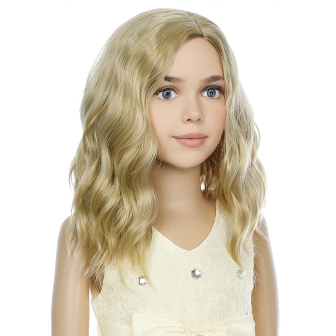 PATTNIUM Blonde Wig Kids Child Wig Short Wavy Wig Ash Blonde Wig Mixed Blonde Wig for Gilrs Cosplay Party Heat Resistant Blonde Synthetic Hair Wig (Ash Blonde)