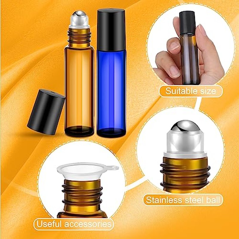 Sumind 150 Pcs Essential Oil Roller Bottles 10 ml Glass Roller Bottles with Stainless Steel Roller Balls Empty Bottles Leak Proof Roll on Bottles with 5 Funnel for Travel Perfume Essential Oil (Amber)
