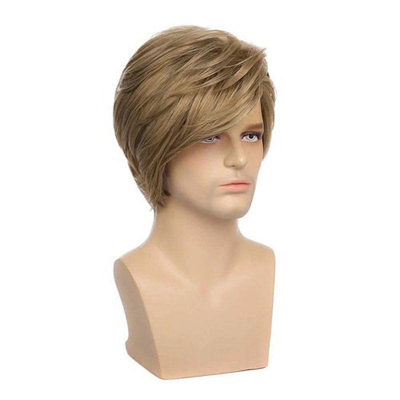 Swiking Men Wigs Light Brown Layered for Male Guy Short Fluffy Natural Hair Synthetic Halloween Cosplay Costume Party Full Wigs(Light Brown)