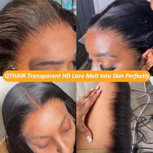 QTHAIR 14A Brazilian Hair Straight Human Bundles with Transparent Hd Lace Closure(16 18 20+14,Natural Black) 100% Unprocessed Human Hair with Swiss Lace Closure Brazilian Straight Weave Hair