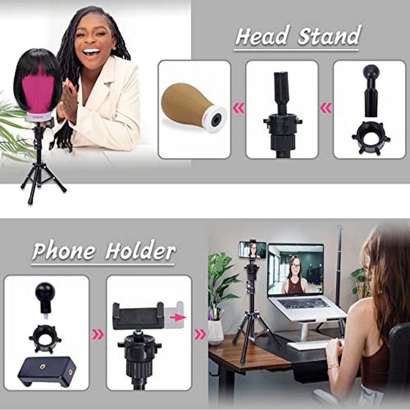 LIYATE Wig Stand 22 Inch Wig head, Wig Stand Tripod With Head, Wig Head Stands, Mannequin Head for Wigs Making Display, Wig Mannequin Head with Stand, Wig Cap, T Pins Set, Cellphone Clip and Adapter