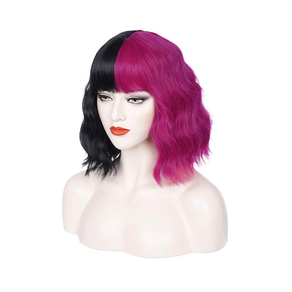 PATTNIUM Black Pink Wig Two Color Wig Short Curly Black Pink Wig With Bangs Half Black Pink Split Wig for Women Heat Resistant Synthetic Hair Cosplay Party Wig (Black and Hot Pink)
