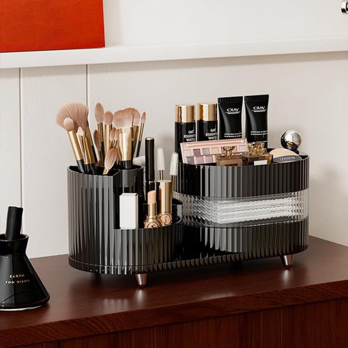 Rotating Makeup Organizer for Vanity with Brush Holder and Drawer, 3 Layer Cosmetic Makeup Storage, Large Makeup Skincare Organizer, Countertop Makeup Perfume Organizer, Lotions Display Case (Brown)