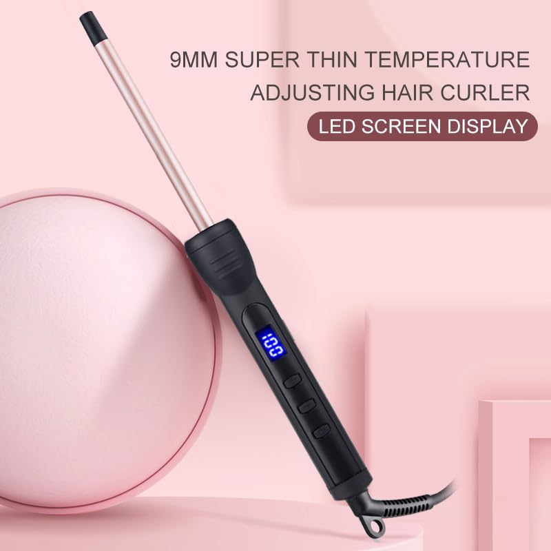 3/8 Inch Thin Curling Iron, 9mm Small Curling Iron with Ceramic Barrel for Short, Medium & Long Hair, LCD Display, Include Glove