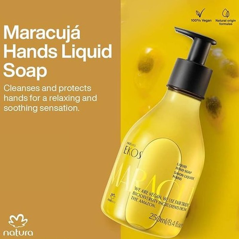 natura - Ekos Maracujá Relieving Liquid Hand Soap - 97% Natural - Maintains Skin pH - Essential Fatty Acids - Vegan Skin Care - Brazilian Beauty Secrets - Self Care & Hand Care - 8.4 fl oz (250ml)