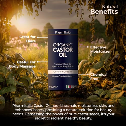 Pharmlitalia Organic Golden Castor Oil Cold Pressed Unrefined Glass Bottle - Hexane free Golden Castor Oil for face, hairs, Eyelashes, Skin care and Nails - 500ml