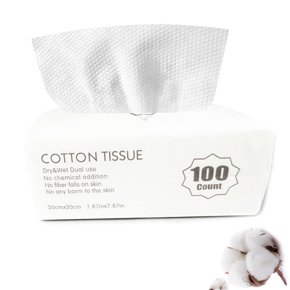 Disposable Cotton Facial Cleansing Dry Wipes, White, Soft Towelettes for Face, 100 Count (M-01)