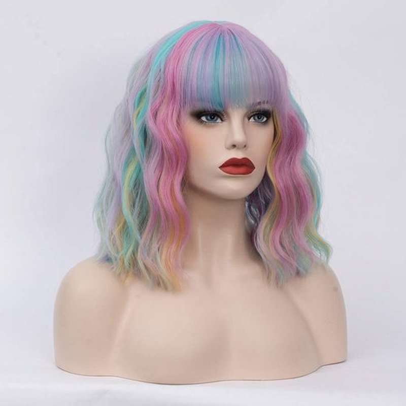 WGPFWIG Women's Multi Color Rainbow Wig Short Curly Wavy Wig Shoulder Length Flat Bangs Wig For Women Girl Cosplay Party Halloween Wig Cap Included (Multi Color Rainbow)