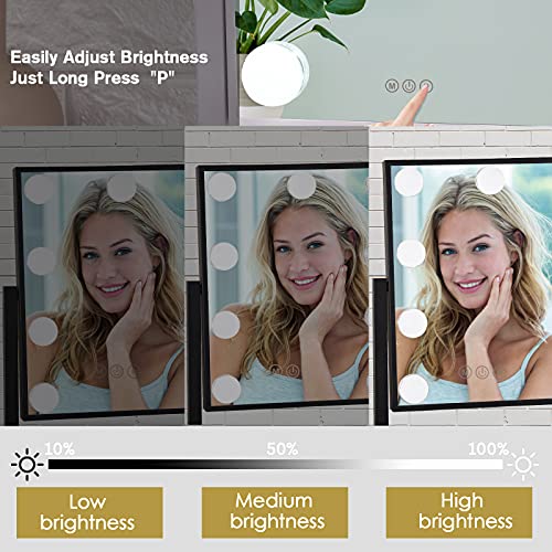 BWLLNI Lighted Makeup Mirror Hollywood Mirror Vanity Mirror with Lights, Touch Control Design 3 Colors Dimable LED Bulbs, Detachable 10X Magnification, 360°Rotation, Black