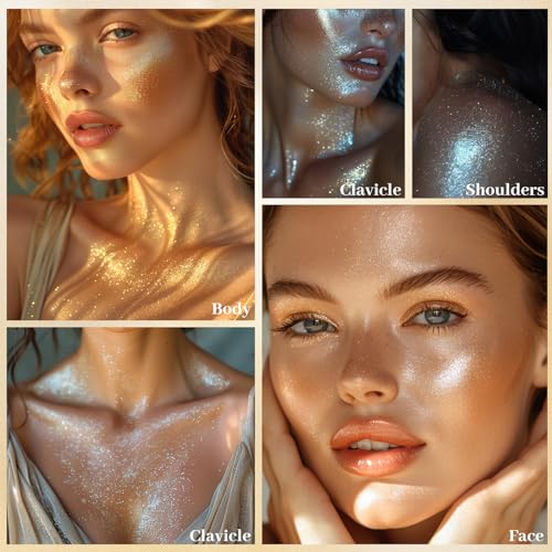 UCANBE Face Body Glitter Liquid Highlighter Illuminator Dewy Drops with Makeup Brush, Makeup Sparkle Shine Luminizer Enhancer Skin Tint 50ml/1.69oz (01 Champagne Gold, Standard)