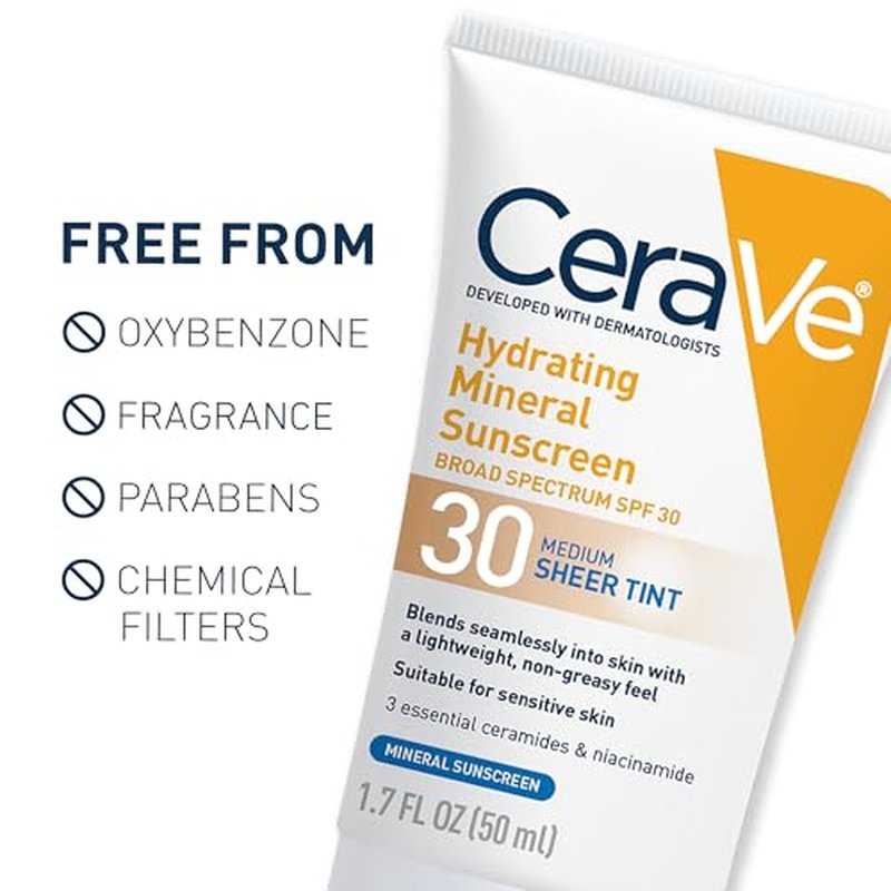 CeraVe Hydrating Mineral Sunscreen SPF 30 with Sheer Tint, Tinted Mineral Sunscreen with Zinc Oxide & Titanium Dioxide, Blends Seamlessly For Healthy Glow, Stocking Stuffers, Light, 1.7 Oz