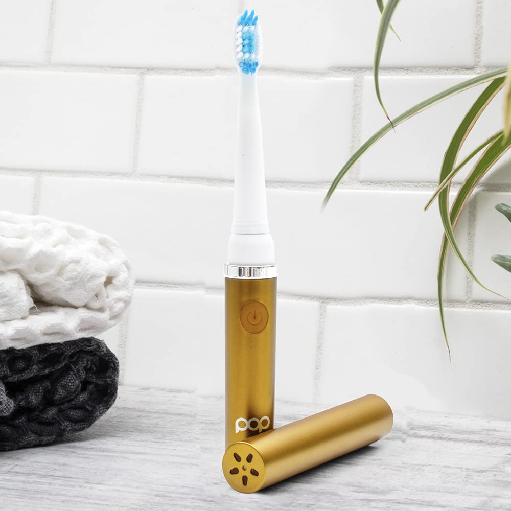Pop Sonic Electric Toothbrush (Metallic Gold) - Travel Toothbrushes w/AAA Battery | Kids Electric Toothbrushes with 2 Speed & 15,000-30,000 Strokes/Minute, Dupont Nylon Bristles