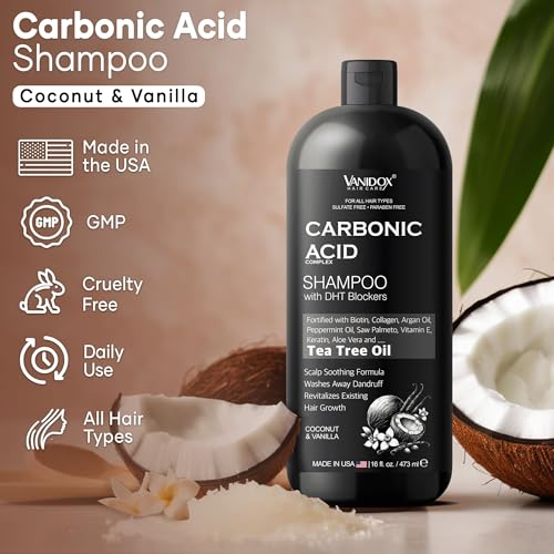 VANIDOX Carbonic Acid Shampoo for Men and Women with DHT Blockers - Made in USA - Stimulates Hair Growth, Scalp Exfoliator, Sulfate Free Shampoo with Biotin and Tea Tree Oil (16 Fl Oz)