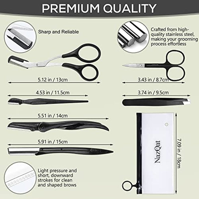NAZQAT Eyebrow Kit - Multipurpose Eyebrow Grooming Kit For Women & Men For Eyebrow Trimming, Shaping, And Exfoliating - Includes Eyebrow Tweezers, Eyebrow Razor Tools, Eyebrow Scissors (Pack of 6)