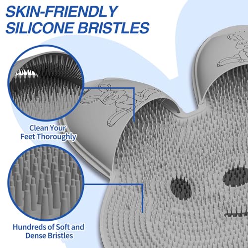 Manmihealth Extra-Large Shower Foot Scrubber Mat with Non-Slip Suction Cups, Rabbit-Shaped Silicone Foot Scrubber in Shower for Men & Women (Gray)