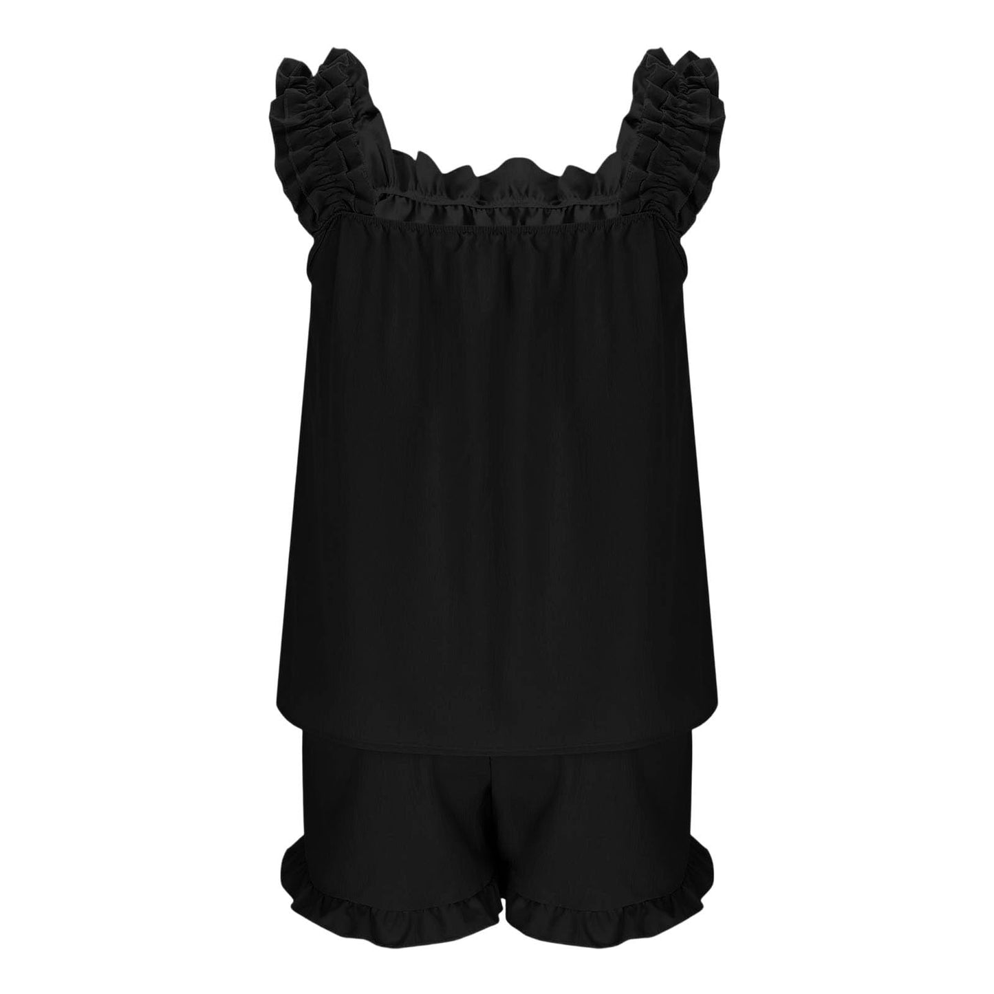 AOREUGL Pajamas For Women Set Soft Sexy Tank Tops With Drawstring Ruffle Hem Shorts Sleepwear Sets 2 Piece Bridal Pajama Black plus size pjs sets for women M