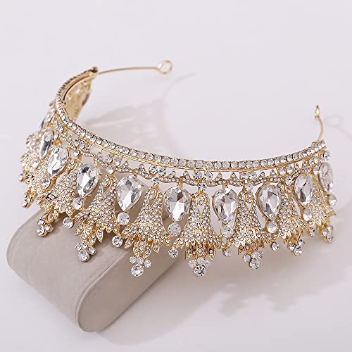 WIOJEIGO Women's Birthday Fairy Crown Crystal Wedding Tiara Queen Rhinestone Headbands for Prom Party Gold