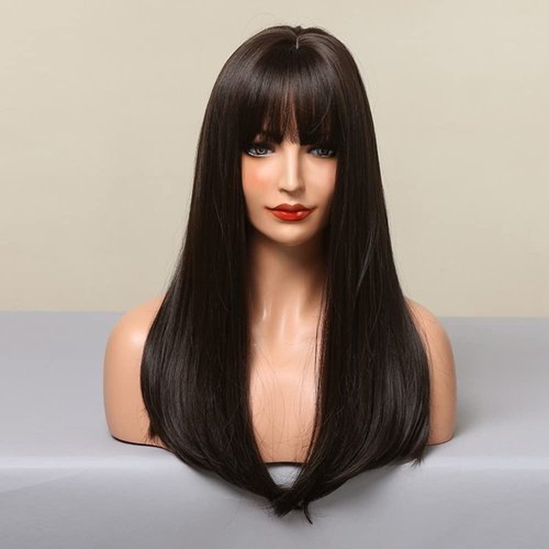 RightOn Dark Brown Wig Long Straight Wigs Deep Brown Wigs for Women Dark Brown Hair with Bangs Wig Cap Include