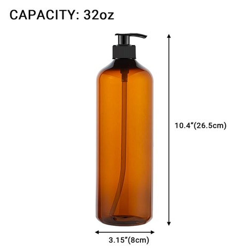 zmybcpack 4 Pack 32 OZ Empty Plastic Pump Bottles With 1 Pen, Labels & Silicone Funnel, Amber Empty Shampoo Bottles with Pumps For Body Wash, Shampoo, Massage Lotion, Gel