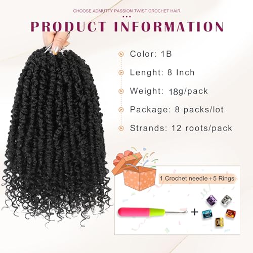 Passion Twist Crochet Hair, Pretwisted Passion Crochet Hair 14 Inch, Passion Twist Crochet Hair 8 Packs Prelooped Passion Twist Hair, Short Pre Looped Crochet Hair for Black Women(1B/BUG)