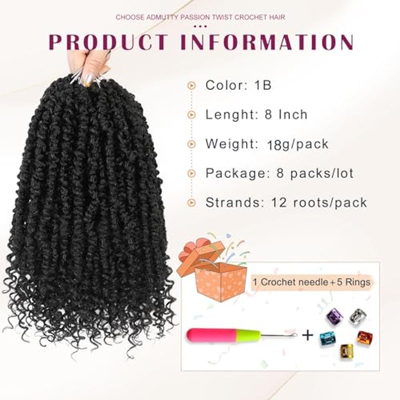 Passion Twist Crochet Hair, Pretwisted Passion Crochet Hair 14 Inch, Passion Twist Crochet Hair 8 Packs Prelooped Passion Twist Hair, Short Pre Looped Crochet Hair for Black Women(1B/BUG)