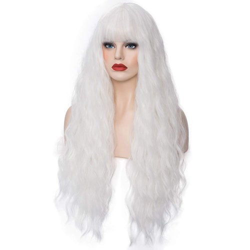 WGPFWIG Women's White Wig 27 Inches Long Curly Wavy Hair Wig Heat Resistant Fibers Synthetic Wig For Women Girl Cosplay Party Halloween Wig Cap Included (White)