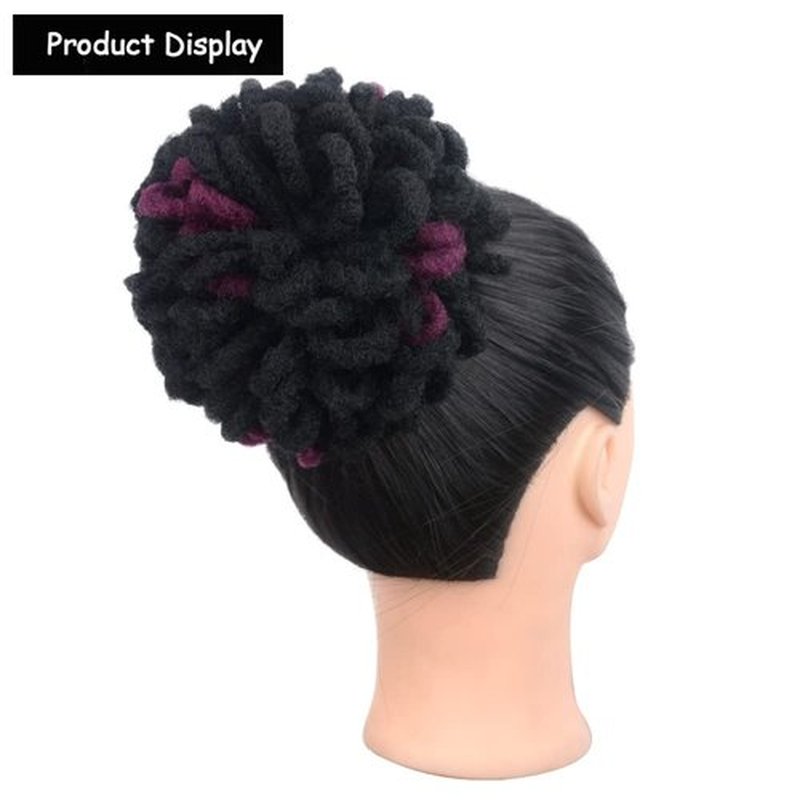 Yinmei Baibian Purple Dreadlock Bun Faux Locs Drawstring Ponytail Dread Loc Petal Buns Curly Colored Afro Puffs Braided Hair Extension Clip in on Braids Hairpieces for Black Women(1B&Purple#)