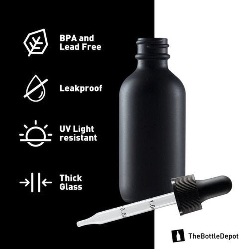 The Bottle Depot - 2 Pack - 2 oz Glass Bottle with Dropper - Black Frosted - 20-400 Neck Finish - Boston Round Bottles - Leakproof Essential Oils Bottles
