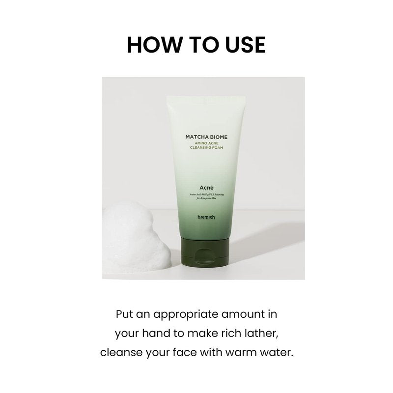 HEIMISH Matcha Biome Amino Acne Cleansing Foam - Deep Cleansing, Hydrating, Calming Facial Cleanser, Gentle Daily Face Wash with Amino Acids, Probiotics, for Oily & Acne-prone Skin, 5.3oz/150g
