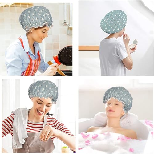 Double Layer Shower Cap for Women Waterproof Reusable Elastic Band, Ruffled Edges Covering Ears for Long, Short & Curly Hair (Blue Bird)