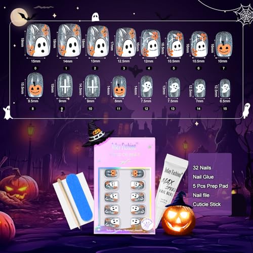 Halloween Press On Nails - Pumpkin Nail Gray Cat Eye Halloween Nails, Acrylic Short Square Nails Press On with Nail Glue, Fit Perfectly & Natural Stick On Nails in 16 Sizes - 32PCS Soft Gel Kit