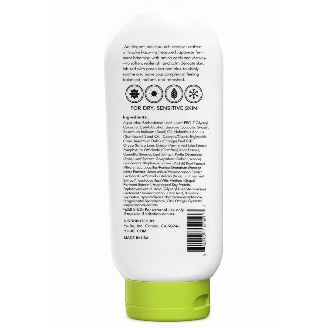 Yu-Be Hydrating Face Wash โ Gentle Non Foaming Daily Calming Cleanser for Dry Sensitive Skin with Sake Kasu & Green Tea โ Cleanses Deeply Without Stripping For Soft, Balanced Skin - 6.7 fl. oz.