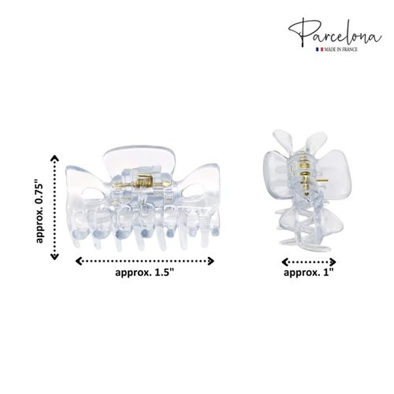 Parcelona French Classic Very Small 1 1/2" Claw Clips with Tight Spring Set of 3 Girls Hair Jaw Claw Clips Durable Styling Women Hair Accessories, Made in France (Crystal Clear)